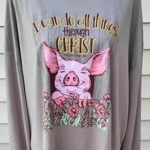 Gray Long Sleeve Shirt with Pig and Floral Design